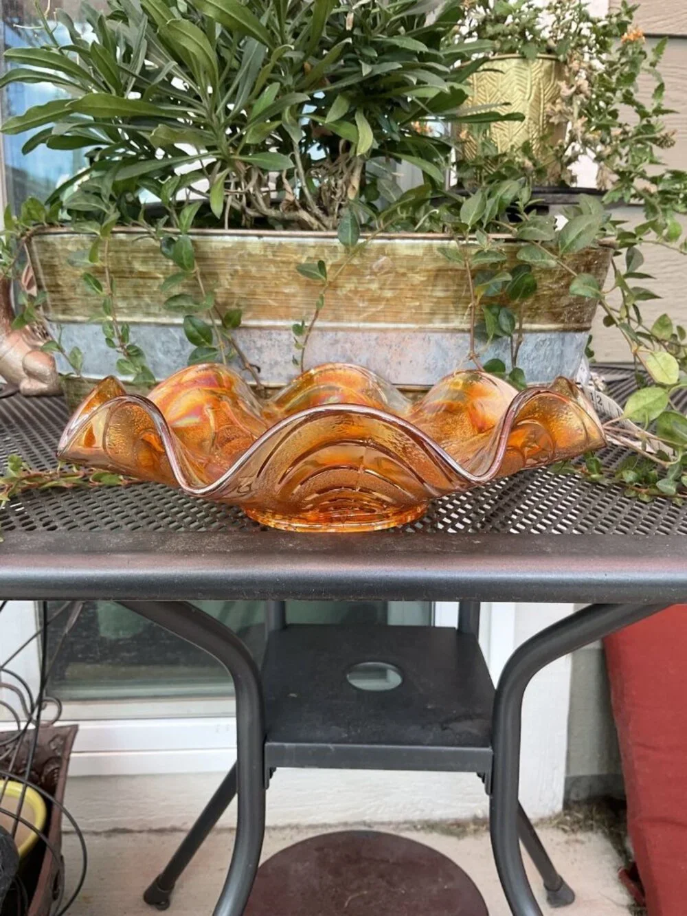 Vintage Fenton Orange Tree Marigold Carnival Ruffeled Bowl Iridescent Gold